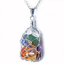 Pingente Cesta com Pedras dos Chakras Prateado - Pedra Natural - Atacado