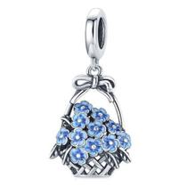 Pingente Cesta Flores Prata 925 - 24mm x 14mm - Azul