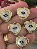 Pingente Coração com Aplique Olho Grego Preto - Semijoia - 01 Unidade