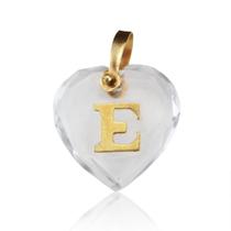 Pingente Cristal Coração com Letra "E " em Ouro 18K