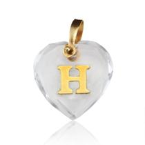 Pingente Cristal Coração com Letra "H " em Ouro 18K