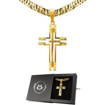 pingente crucifixo grande + caixa + cordão aço banhado ouro social corrente grumet original presente