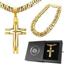 Pingente Crucifixo + Pulseira + Corrente Banhada Ouro +