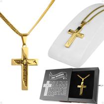 Pingente Crucifixo Religião + Cordão Banhado Ouro + Caixa fé católico cruz hip hop estiloso grosso