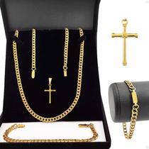 Pingente cruz + corrente banhada aço inox + pulseira grumet estiloso original religioso casual Pingente cruz + corrente banhada aço inox + pulseira grumet estiloso original religioso casual