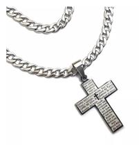 Pingente Cruz Pai Nosso + Corrente Grumet Italiana 60 Cm Aço Maciço Inox Cirurgico