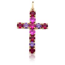 Pingente Cruz Pedras Vermelhas Rosa Sang Ouro Puro 18k P101