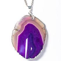 Pingente de Chapa de Ágata Lilás Natural Envolto em Prateado - Pacote com 50 Unidades