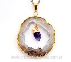 Pingente de Chapa Geodo com Ponta de Ametista Banho Dourado - Pacote com 3 Unidades Pingente de Chapa Geodo com Ponta de Ametista Banho Dourado - Pacote com 3 Unidades