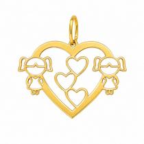 Pingente em Ouro 18K Coração com Duas Meninas - Joia Exclusiva