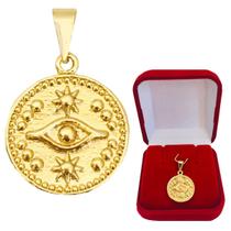 Pingente Feminino Medalha Olho Grego Amuleto da Sorte Folheada a Ouro 18k Semijoia