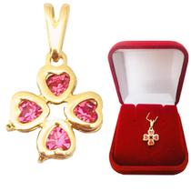 Pingente Feminino Trevo da Sorte Coração Rosa em Zircônia Cravejada Banhado a Ouro 18k