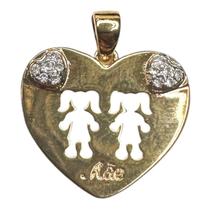 Pingente filhos coração vazado 2 meninas detalhe zircônia