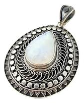 Pingente Mandala com Gota Pedra da Lua Prata de Bali 925