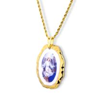 Pingente Medalha Anjo Da Guarda azul em porcelana pintada à mão com ouro - grande