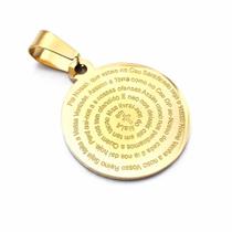 Pingente Medalha Oração Pai Nosso Aço Inox Dourado Pequena