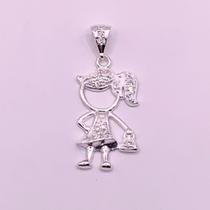 Pingente menina, segurando uma bolsa, cravejado, prata 925
