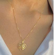 Pingente ou Gargantilha Ouro 18K Legítimo Coração com Menino e Menina Corrente Veneziana 40cm 45cm 50cm