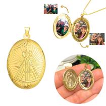 Pingente relicário 2 fotos Nossa Sra Oval Banhado Ouro 18k