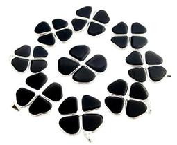 Pingente Trevo 4 Folhas em Pedra Obsidiana Negra Natural com Cordão Prateado