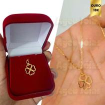 Pingente Trevo 4 Folhas Ouro 18K Corrente Piastrine Feminina 45cm