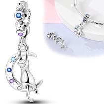 Pingentes De Gato Com Estrelas E Lua Em Prata Esterlina 925 Para Mulheres, Charms Originais Para