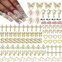 Pingentes de unhas KACHIMOO 106 peças Gold Cross Cherry Pink 3D Star