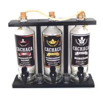 Pingometro Porta Cachaça Pinga Triplo com Copo Dose Suporte Madeira