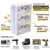 Pino Adaptador 3 Saídas Ilumi 2P+T 20A Branco Benjamin T Multiplicador Tomada NBR