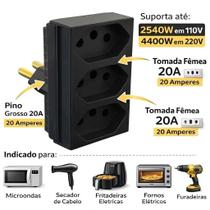 Pino Adaptador 3 Saídas Ilumi 2P+T 20A Preto Benjamin T Multiplicador Tomada NBR