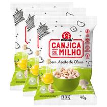 Pipoca Canjica Milho com Azeite Vegana, Sem Glúten Okoshi contendo 3 pacotes de 40g cada