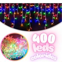 Pisca natal 10m cascata 400 leds coloridos 8 funções tomada macho femea 127v 10 metros ref.11650