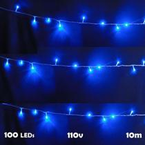 Pisca Pisca Cordão de Led Natal Azul 100 LEDs 8 Funções 110 Volts Fio Transparente