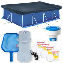 Piscina 5000 Litros + Capa + Forro + Bomba 220v 3600 L/H + Cloro + Peneira + Flutuador Kit