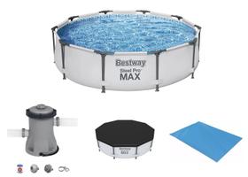 Piscina Bestway 5000 Litros Steel Pro Max CINZA 56406 com Bomba Filtrante 220v CAPA e FORRO