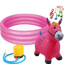 Piscina Infantil Grande 130 Litros Rosa Banheira Bebe r13 Inflável Cavalinho Musical Pula Bomba - Zippy Toys