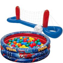 Piscina Infantil Grande 200 Litros Homem Aranha Menino Banheira Bebe H18 Azul Bolinhas Rede Voleibol Inflavel Praia Volei 2,44 metros Com Bola - Bestway