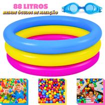 Piscina Infantil Inflável Criança Redonda 3 Anéis Colorida 88 Litros+Óculos De Natação