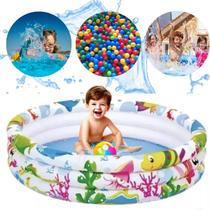 Piscina Inflável Infantil 180L Redonda Fundo do Mar Crianças Bebês Verão Férias Praia 3 Anéis Plástico Resistente Playgr