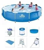 Piscina SUNFIT 5100 Litros Estrutural com Bomba Filtrante 220v CAPA FORRO KIT DE LIMPEZA e ESCADA - Bestway 4678 Litros