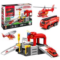 Pista De Carrinho Estação De Bombeiro Com Helicóptero Infantil 23 Peças