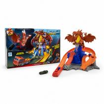 Pista Lança Carros Dragão Rotativo 56cm Carrinho Incluso Lançador Mecânico Sem Pilha Pista Fantasia Menino Batalha