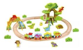 pista trem dinossauro brinquedo madeira tooky toy