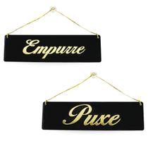 Placa Acrílico Puxe Empurre Alça Ventosa, Preto e Dourado Estabelecimento Comércio Loja Porta Entrada Saída