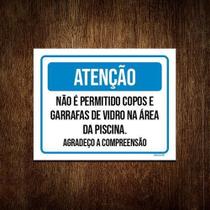 Placa Atenção Piscina Proibido Copos Garrafas 27X35