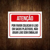 Placa Atenção Por Favor Colocar Lixo Sacos Plásticos 27x35