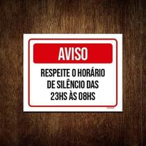 Placa Aviso Vermelho Respeite Horário Silêncio 18X23