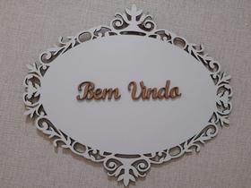 Placa Bem Vindo Mdf Branca com detalhe Arabescos 36x30cm Placa Bem Vindo Mdf Branca com detalhe Arabescos 36x30cm
