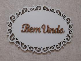 Placa Bem Vindo Mdf Branca detalhe Arabescos Placa Bem Vindo Mdf Branca detalhe Arabescos