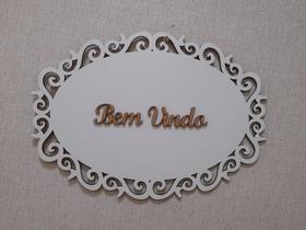 Placa Bem Vindo Mdf Branca detalhe Arabescos Placa Bem Vindo Mdf Branca detalhe Arabescos